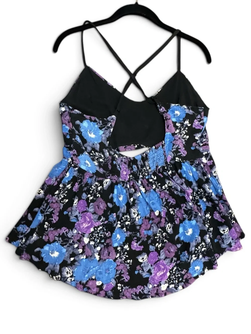 Vintage FREE PEOPLE Floral Midnight  Peplum Cut-Out Crisscross Back Tank Size L